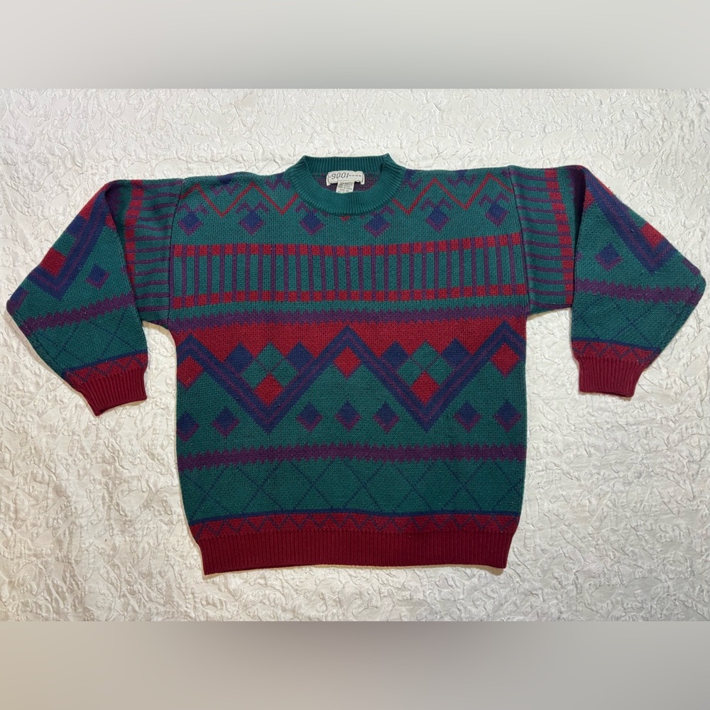 Vintage Y2K 9001 Grandpa Green Geometric Christmas M 100% Acrylic Sweater